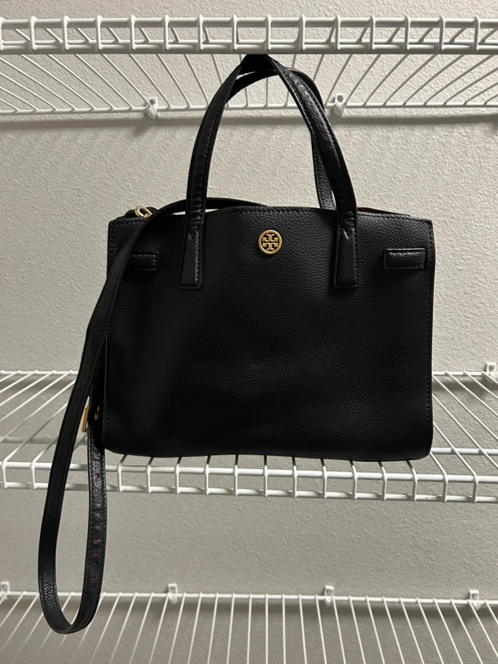 Tory Burch Robinson Black Pebbled Leather Satchel Gold Hardware &Crossbody Strap